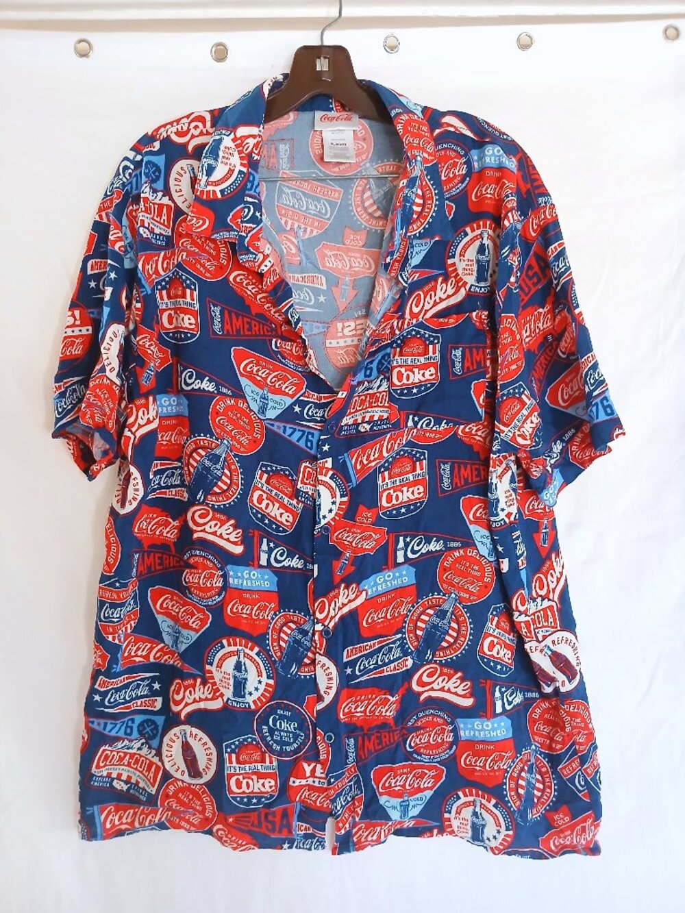 Coca‑Cola Coke Novelty Retro Button‑Up Shirt XL Vintage Graphic Red White Blue